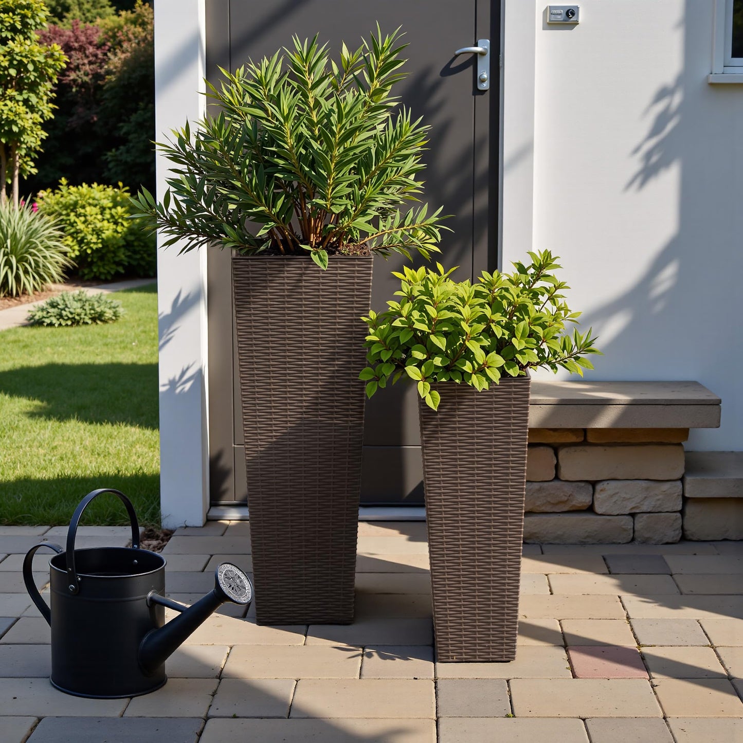 Flamaker Resin Rattan-Design Planters Set of 2, 32'' Tall Flowerpot with Additional Pot for Soil, Durable Weather-Resistant Planter with Drainage Holes for Garden, Patio, Backyard (Brown, Large)