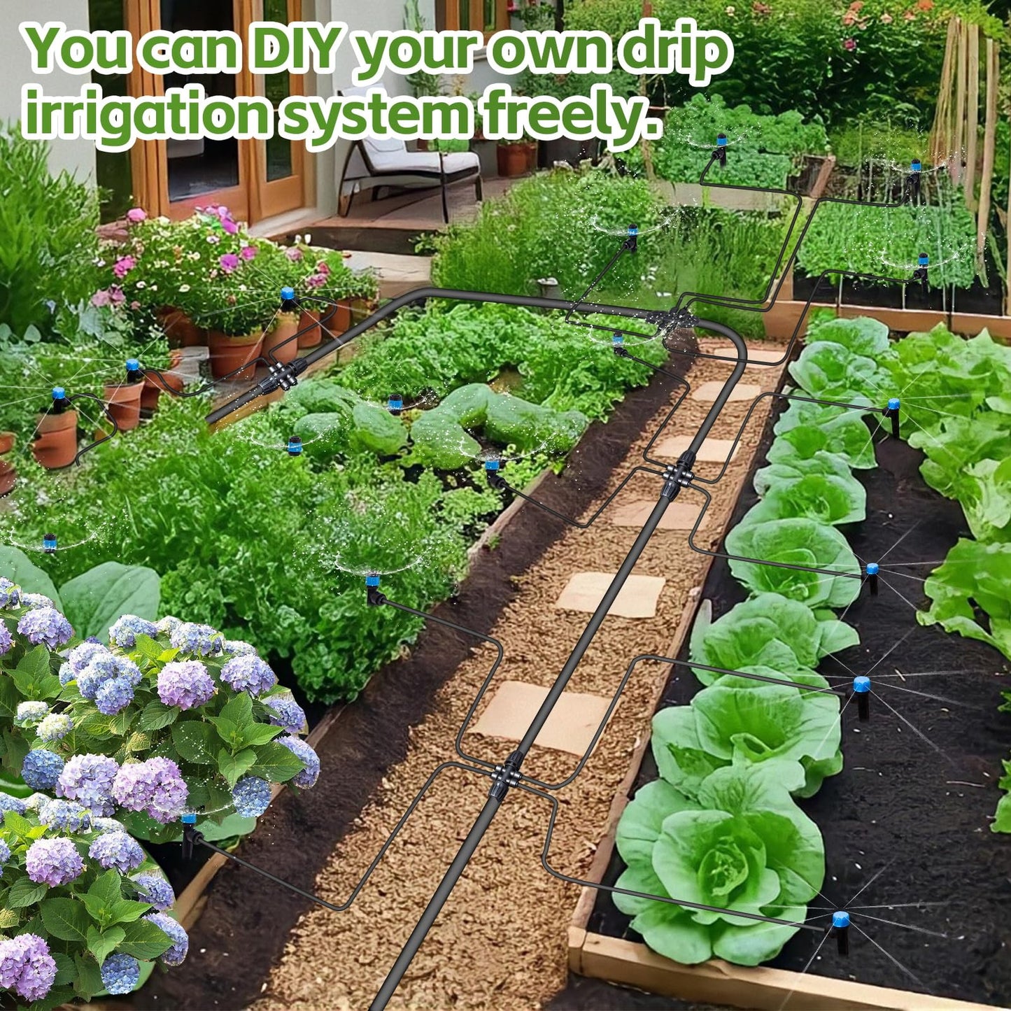 Inntop 240FT Drip Irrigation System Kits, Quick Connect Automatic Garden Watering System for Raised Bed, Potted Plants, Lawn, Greenhouse with 1/2 inch Hose 1/4 inch Tubing and Accessories