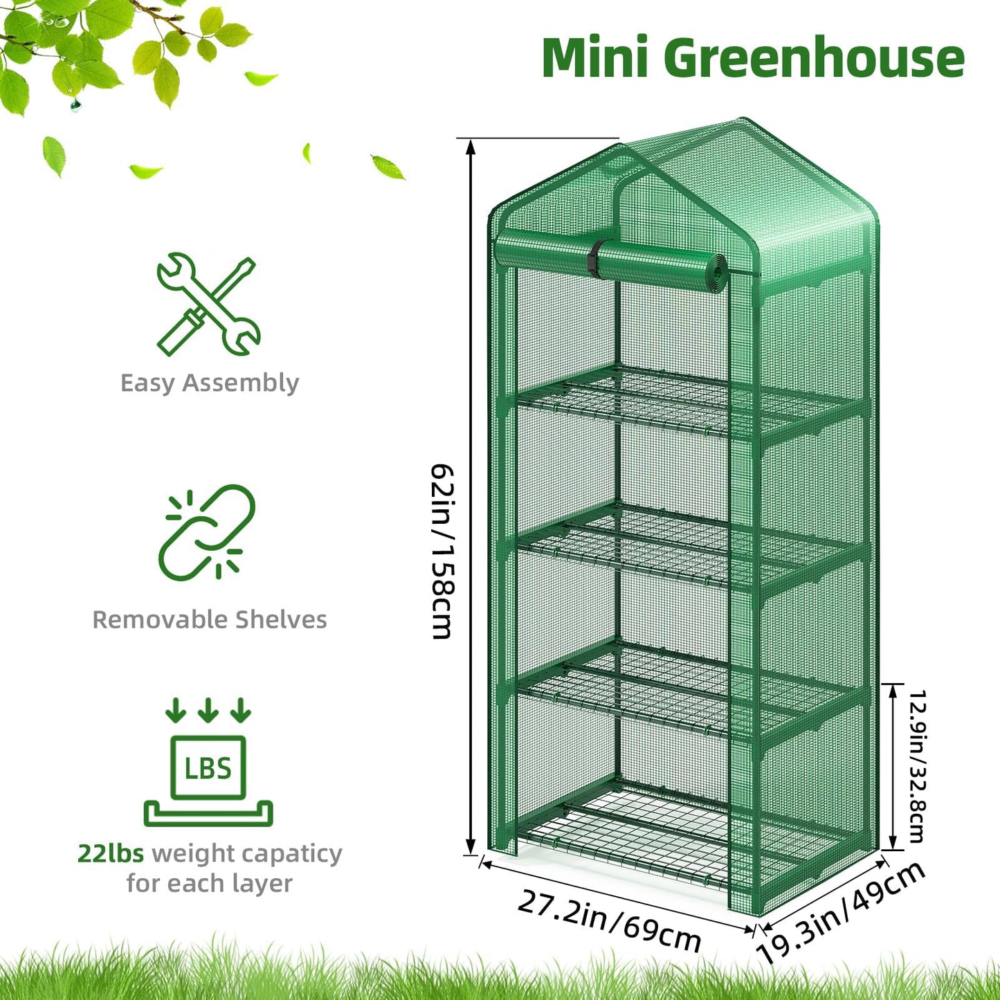 Superlele 4-Tier Mini Greenhouse for Indoor Outdoor, 19.3x27.2x62in Vertical Plant Green House with Adjustable Shelves, Reinforced Green PE Mesh Cover and Zippered Door, Heavy Duty Steel Frame