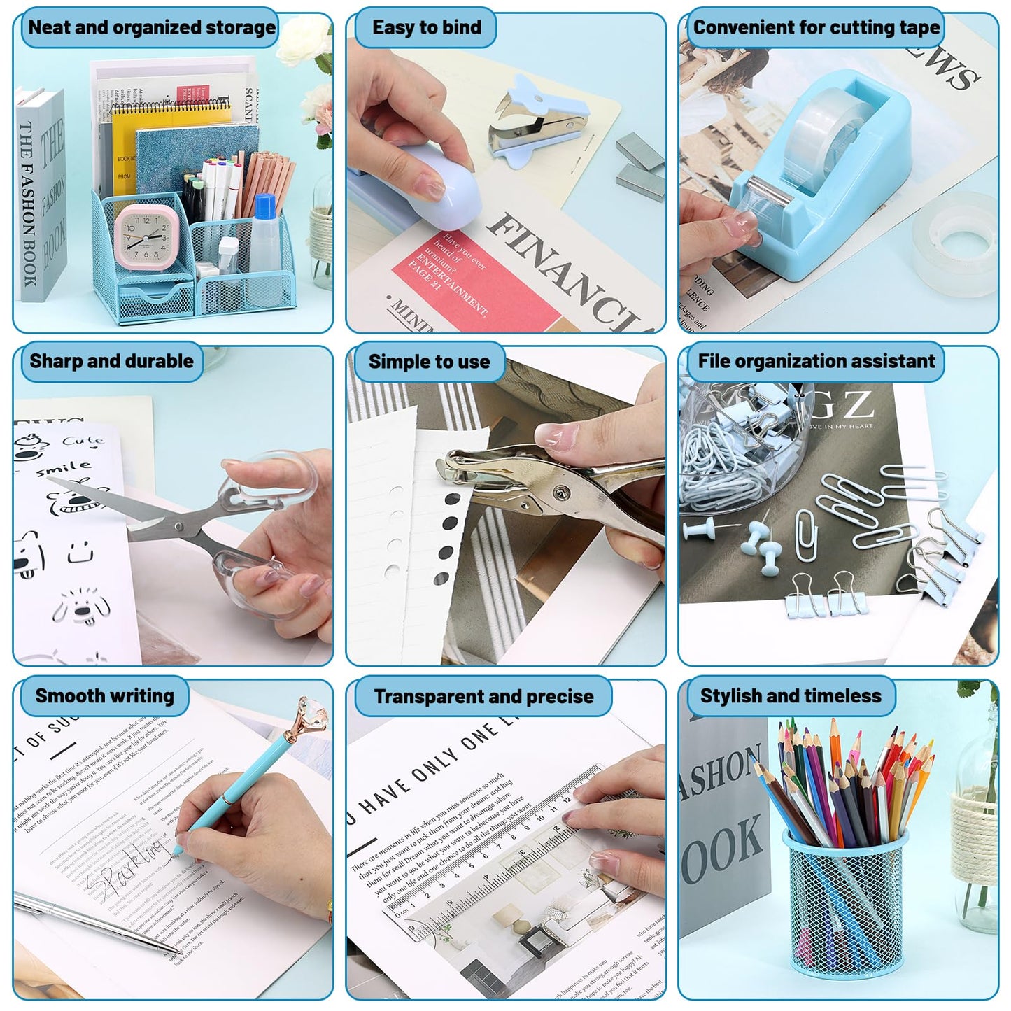 13-in-1 Office Desk Organizer Set with Stapler and Tape Dispenser, Pen Holder, Scissors, Ruler, Hole Punch, 2 Pens & More Desktop Accessories for Back to School Supplies (Blue)