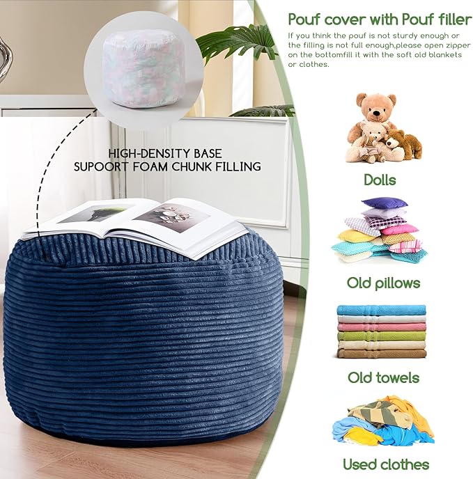HIGOGOGO Round Stuffed Pouf Ottoman, Corduroy Poufs