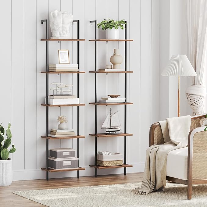 HOOBRO DIY Ladder Shelf, 5-Tier Wooden Wall Mounted Bookshelf, Narrow Bookcase