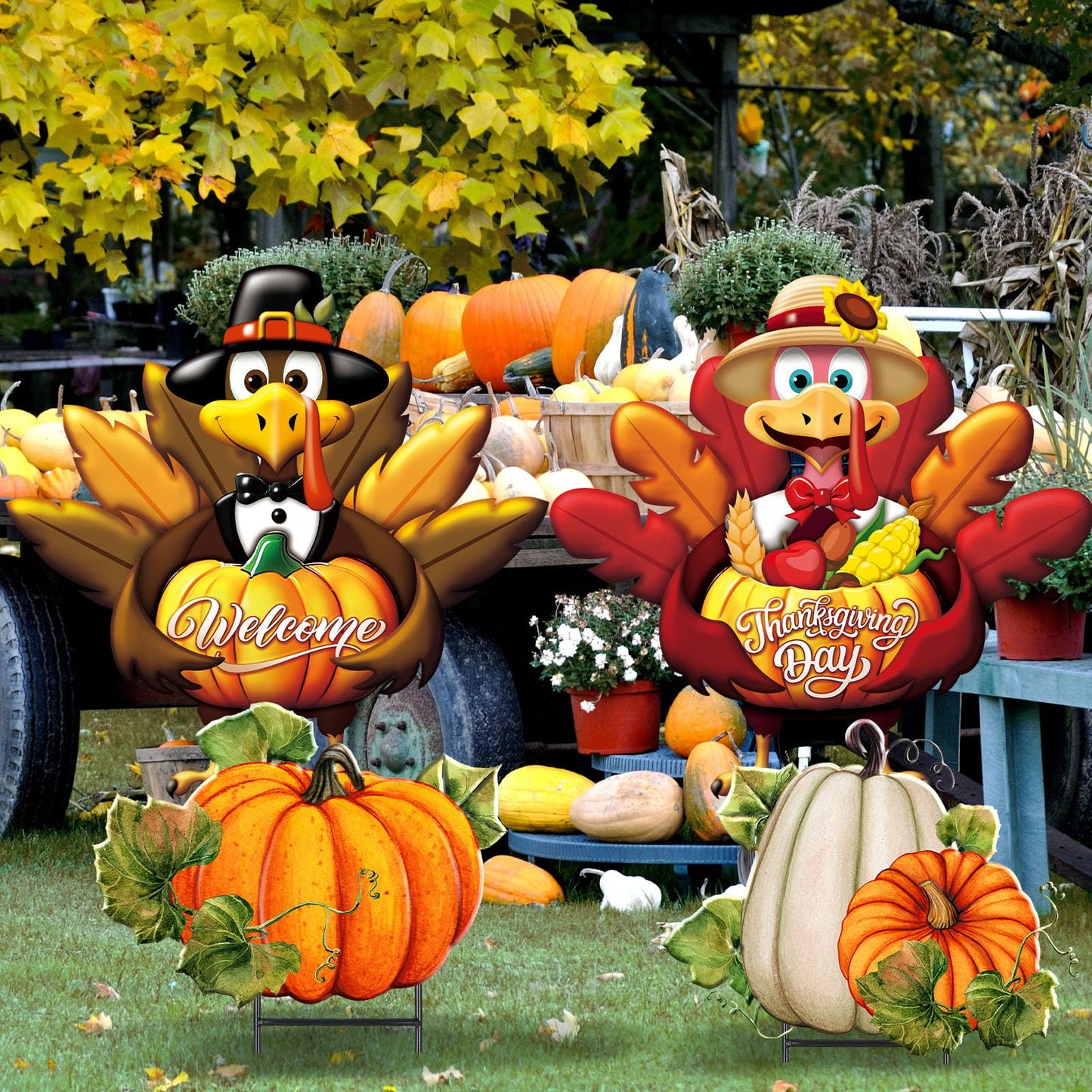 Quzzil 4 Pcs Thanksgiving Turkey Metal Yard Decorations Outdoor Pilgrim Turkey Decorative Garden Stakes With Stakes Large Fall Pumpkin Yard Sign for Thanksgiving Autumn Farmhouse Patio Outdoor