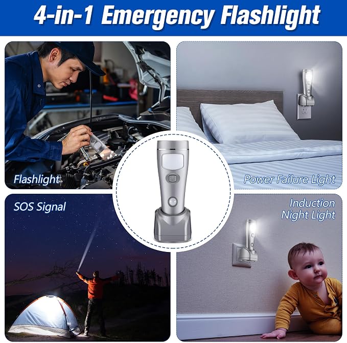 Enhon 4 Pack 4 in 1 LED Emergency Lights for Home Power Failure, Rechargeable Plug in Flashlight Motion Sensor Night Light, Automatic Turn On Power Outage Light for Home Hurricane Supplies (Silver)