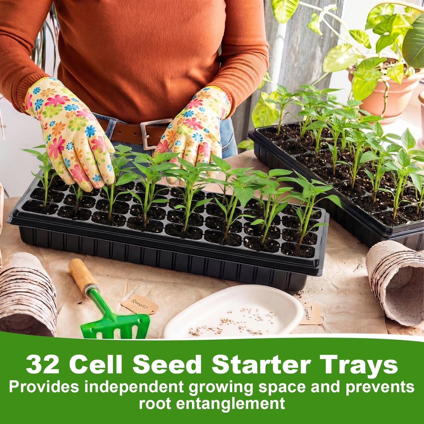Vesici 32 Pack Seed Starter Trays, 32 Cell Seedling Trays with 1020 Flat Tray, Deep Plug Nursery Plant Pots for Germination, Water Collection, Indoor Outdoor Seed Starting & Transplanting
