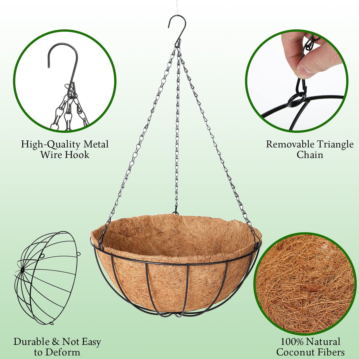 Roowest 4 PCS 16 Inch Metal Hanging Planter Basket Flower Holder Hanging Pots with Coconut Fiber Coir Liners Wire Chain Round Planter Plant Hanger for Indoor Patio Garden Home Balcony Decor