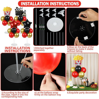 4 Sets Movie Night Party Balloons Stand Kit with Popcorn Clapboard Star Foil Balloons Red Black Gold Themed Party Balloon Centerpiece for Tables for Birthday Camera Film Party Movie Themed Decorations