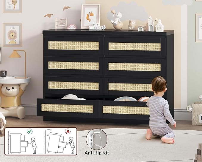 47 Inch Rattan 8 Drawer Dresser, Modern Farmhouse Chest of Drawers, Tv Stand