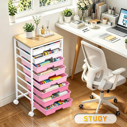 SUNALLY Rolling Storage Utility Cart With 8 Drawers, Storage Drawer Cart with Wooden Tabletop and 2 Lockable Wheels, 8 Tier Rolling Cart for Craft Art Supply Storage & Home Office Organization, Pink