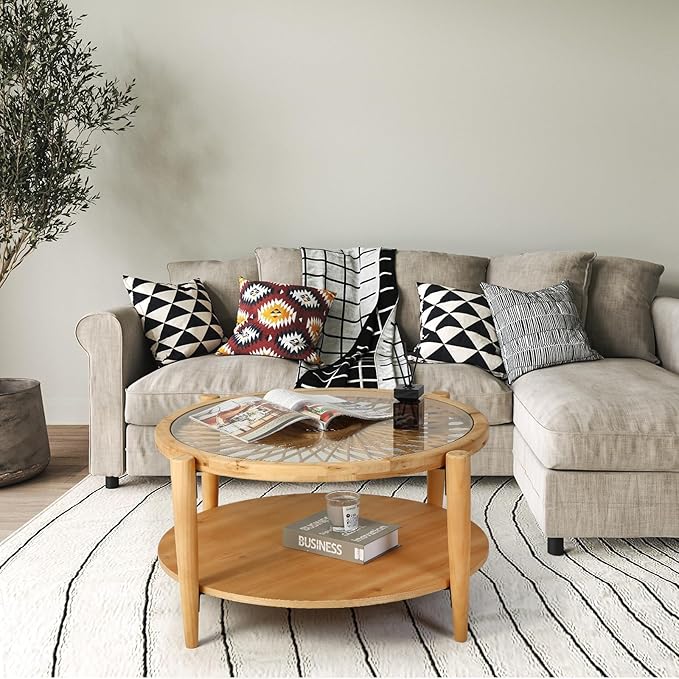 RUSTOWN Rattan Coffee Tables, 2-Tier Round Boho Cocktail Tables, Mid Century