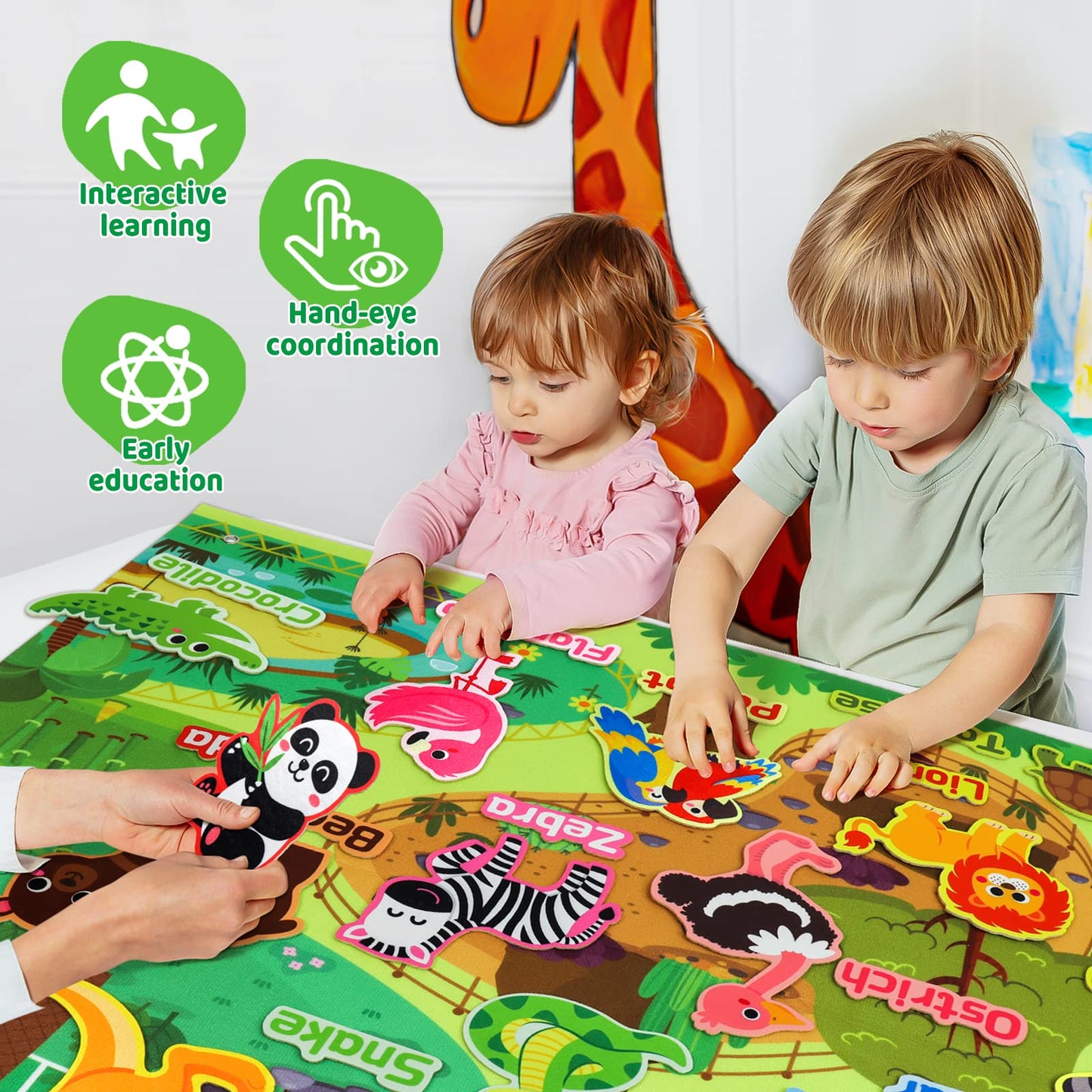 Taika 43x28 inch Zoo Animals Felt Story Board Set, 41Pcs Jungle Animals Toys, Thicker Flannel Board, Preschool Learning Toy, Interactive Storytelling Teaching Play Activity Kits