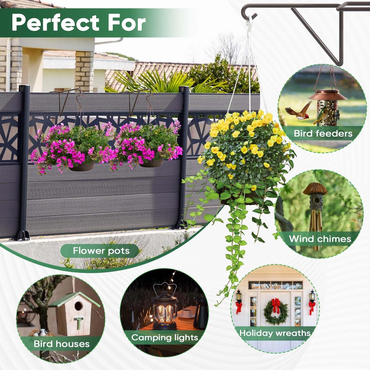 Gicare 4 Pack Vinyl Fence Hooks, Heavy Duty Durable Brown Fence Plant Hangers for Outdoor, Patio Hooks, Over The Fence Hook for Hanging Plants, Flower Baskets, Bird feeders, Lights, Pool Equipment