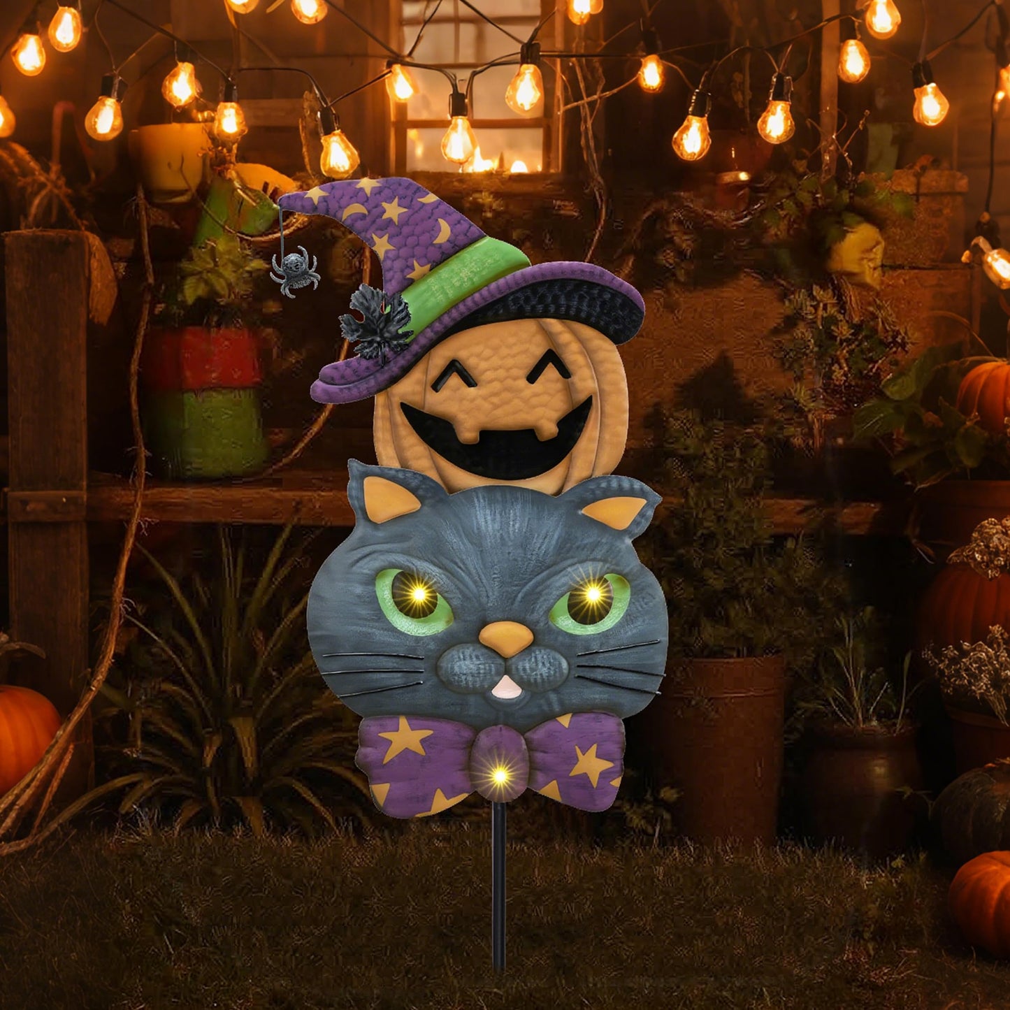 TERESA'S COLLECTIONS Metal Halloween Yard Stakes, Halloween Decorations Outdoor with Cute Black Cat Pumpkin, Jack-o-Lantern Stacked Garden Stakes Lawn Gift for Party Pathway Porch Patio Decor, 25“
