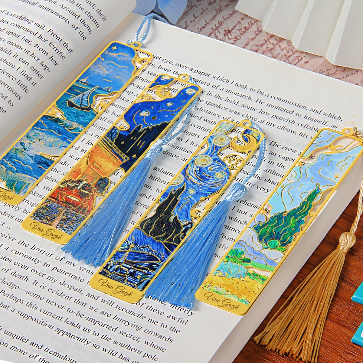 KInsound 8pcs Metal Bookmarks with Tassel, Golden Van Gogh Monet Oil Painting Theme Cute Book Markers for Reading Women, Men, Kids, Book Lovers, Reading Accessories Gifts for Book Lovers