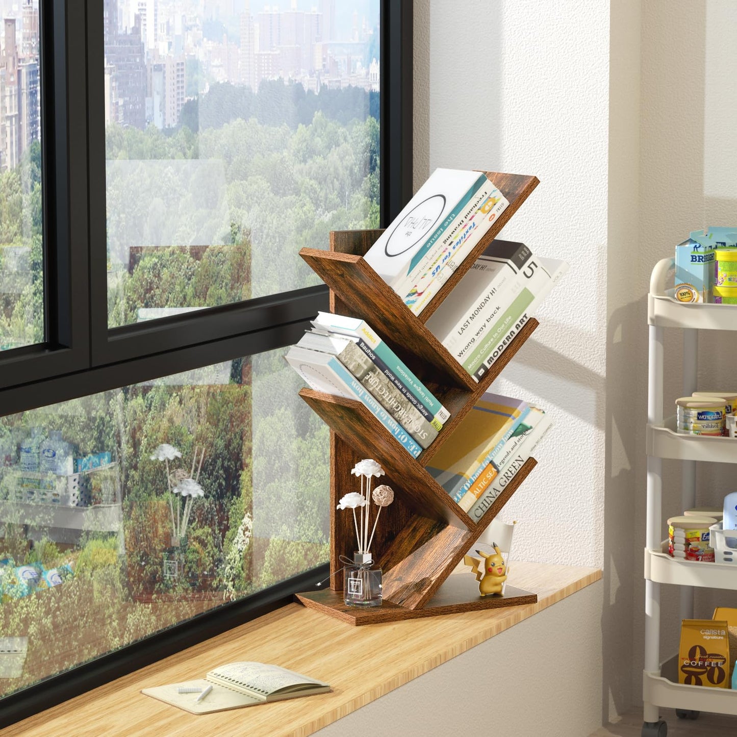 SHEEPAM 5 Tier Tree Book Shelf, Small Desktop Bookshelf with Storage Organizer, Wood Bookcase, Desk Display Bookshelves, Floor Standing Organizer Bookcases for Living Room,Bedroom,Office-Brown