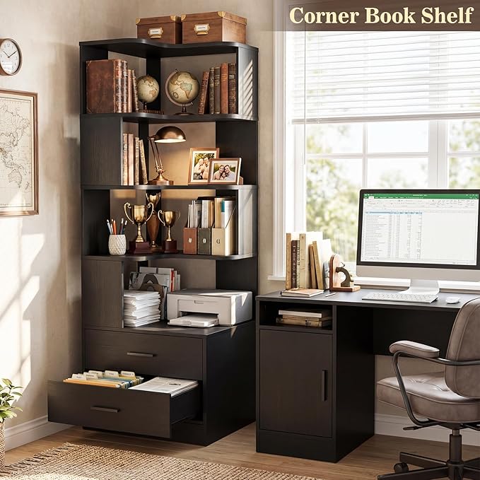 Armocity Corner Bookshelf with Drawers, 7 Tier Corner Book Shelf Display
