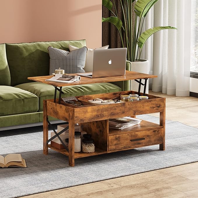 WLIVE Lift Top Coffee Table, Hidden Compartment, Wooden Lift Tabletop Center