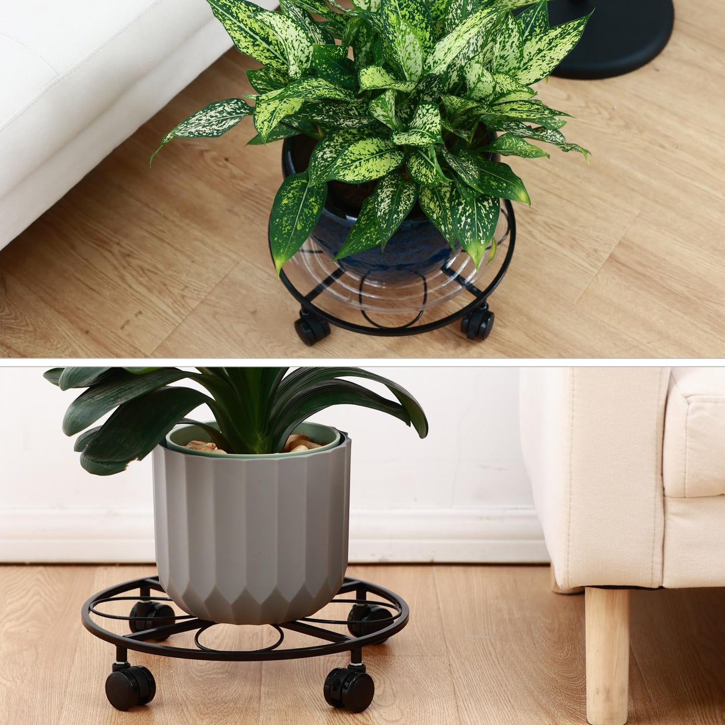 DEELF OUTLET 5 Packs 12 inches Large Metal Plant Caddy with Wheels Round Planter Dolly Pot Mover Rollers Wrought Iron Rolling Plant Stands Indoor Outdoor Wheeled Plant Holder Coaster Trolley, Black