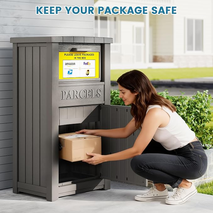 Package Delivery Box for Outside with Sign, Large Lockable & Weatherproof Anti-Theft Parcel Drop Box for Porch, Curbside, House Storage, Gray(60 Gallon with Sign)