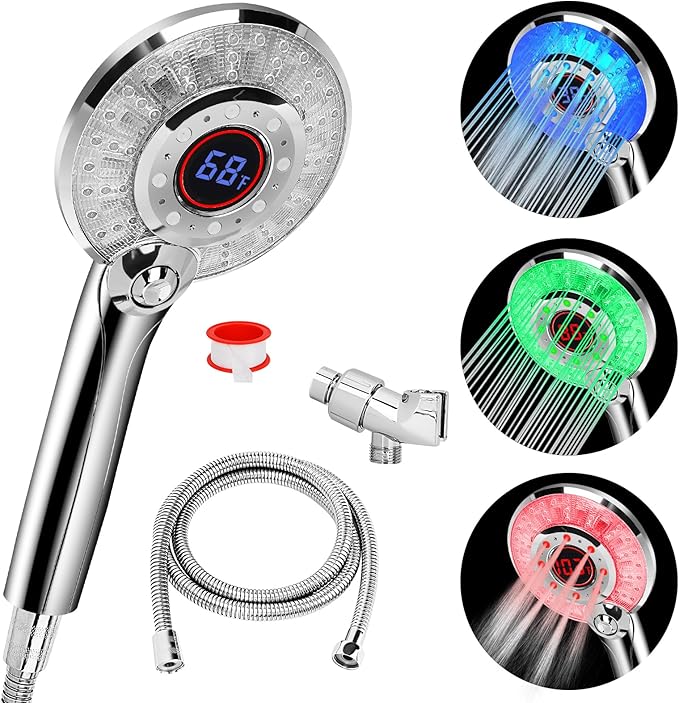 LED Shower Head Color Changing, Handheld Shower Head High Pressure with Hose, Water Saving Spray Showerheads, Discoloration Warning, Water Temperature Display, 3 Spray Modes, Easy to Install, ‎Chrome