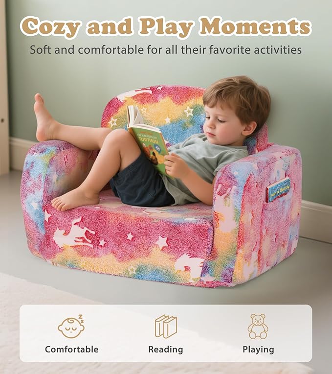 Kids Couch, 2-in-1 Soft Toddler Couch Fold Out