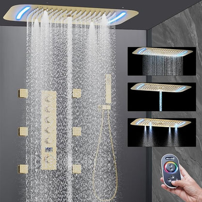AYIVG Brushed Gold 16 x 26 Inch Full Body Thermostatic Rainfall Shower System 64 Color LED Rainfall Luxury Shower Head System with 6 Spray Jets Ceiling Mount Rain Temperature Display Shower Faucet Set
