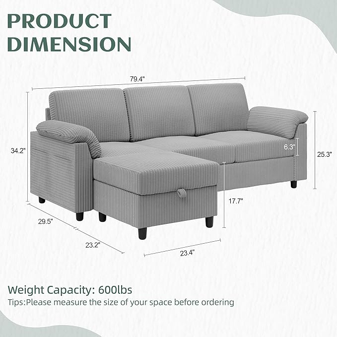 Vongrasig Convertible Sectional Couches Sofa, 3 Seat L Shaped Sofa