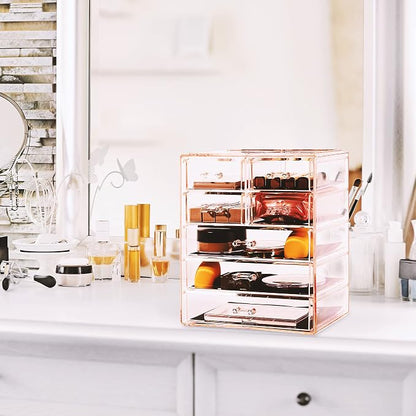 Sorbus Acrylic Makeup Organizer Set, 7-Drawer Vanity & Countertop Cosmetic Storage with Small & Wide Drawers, Pink Makeup Storage for Brushes, Lipsticks, Jewelry – Holiday Gift for Women & Teens
