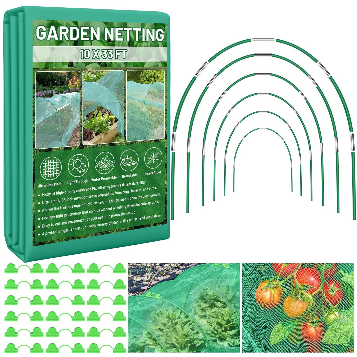 Sunwinx Garden Mesh Netting Kit for Raised Beds, 10x33FT Ultra Fine Mesh Netting& 6 Sets 8FT Fiberglass Garden Hoops, Insect Netting Row Cover, Pest Barrier Protection for Vegetable Fruits Flowers