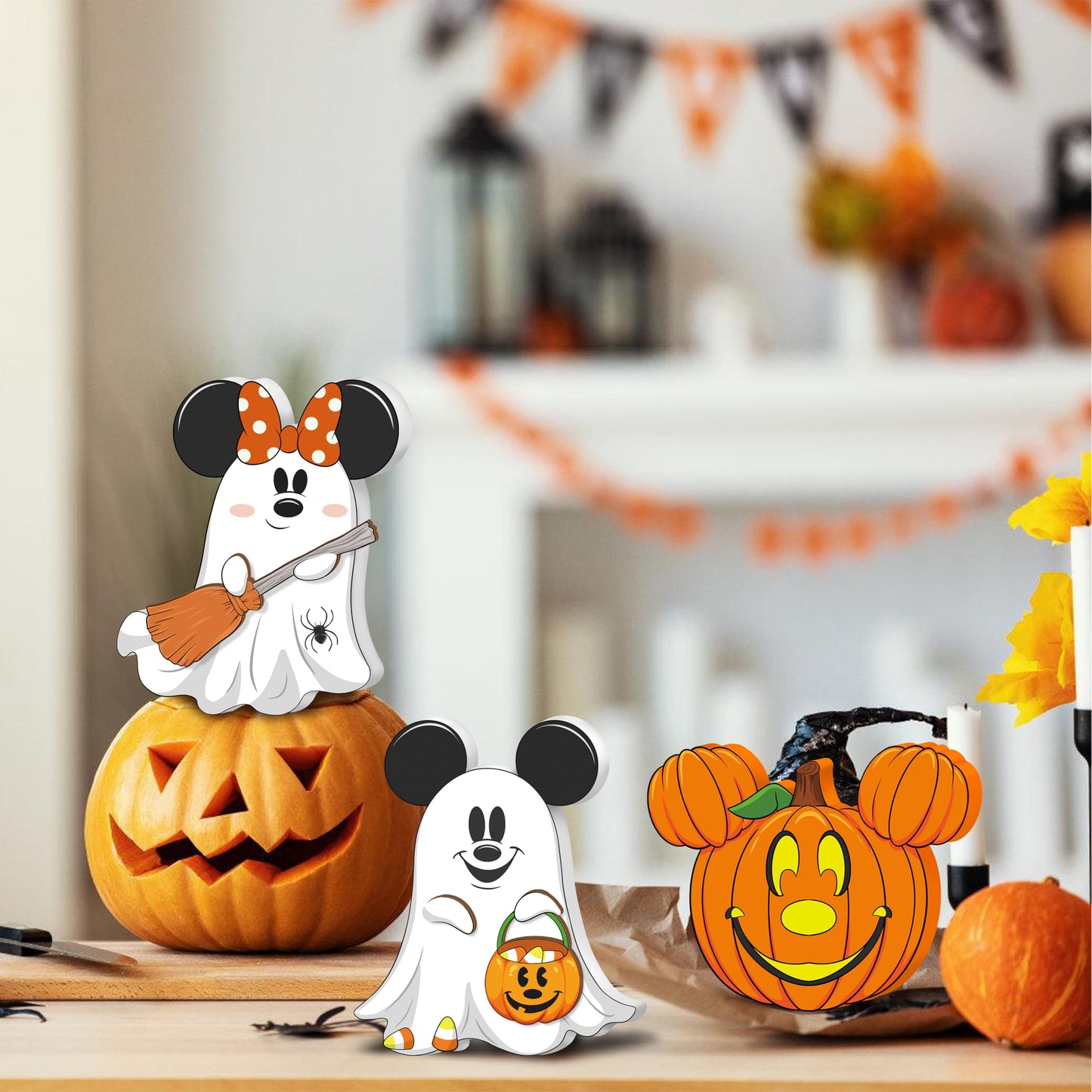 Halloween 3D Mouse Shaped Wooden Table Decor，3 Pcs Cute Pumpkin Witch Ghost Spider Wooden Tiered Tray Decor，wood Centerpiece Tabletop Ornament for Holiday Tiered Tray Halloween Party Decoration