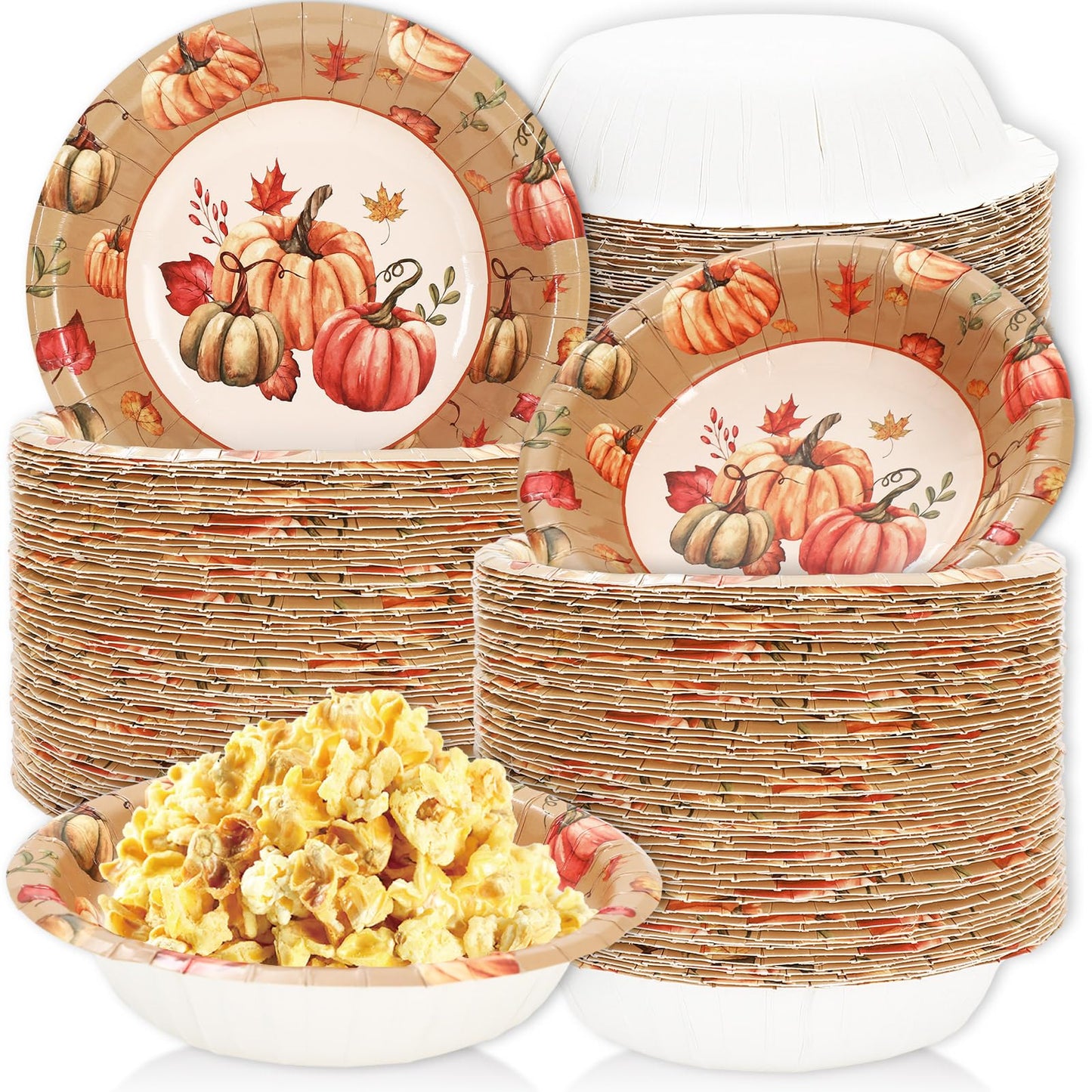 Whaline 100 Pcs Fall Paper Bowls Pumpkin Leaves Disposable Serving Bowls Watercolor Pumpkin Ice Cream Bowl for Autumn Thanksgiving Party Supplies