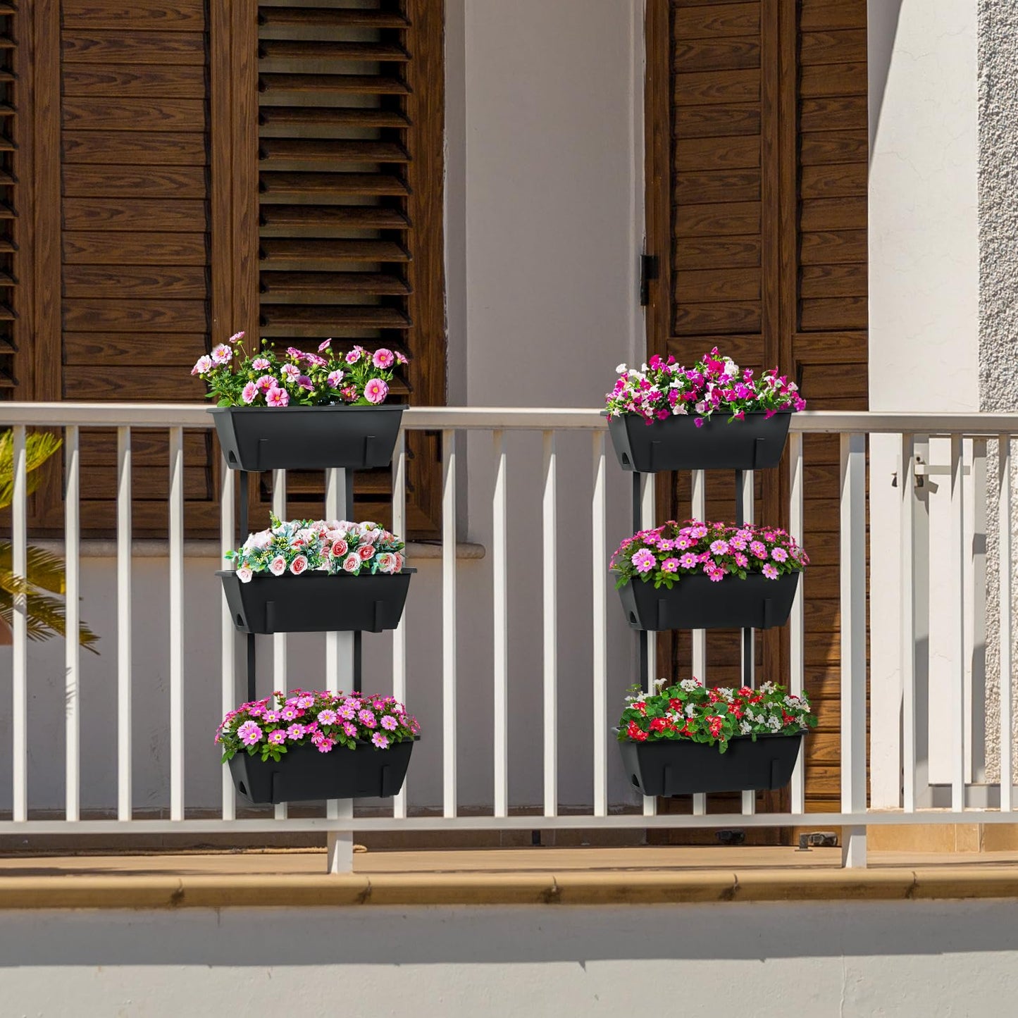 OYEAL Railing Planter Box Black Hanging Window Boxes Planter with Adjustable Brackets, Outdoor Set of 2 Deck Rail Planters with 6 Detachable Plastic Flower Pots for Garden Fence, Patio, Windowsill