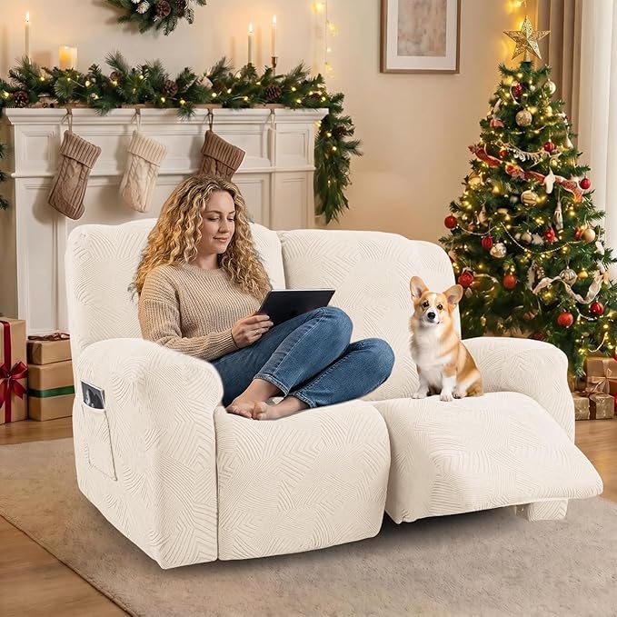 Recliner Loveseat Covers, 4-Piece Stretch Geometric Strokes Jacquard Reclining
