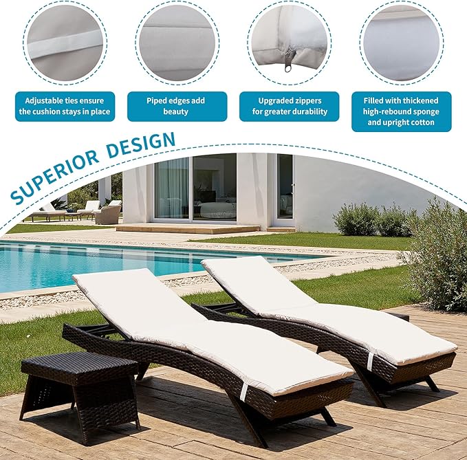 Outdoor Chaise Lounge Chair + Coffee Table Set of 2
