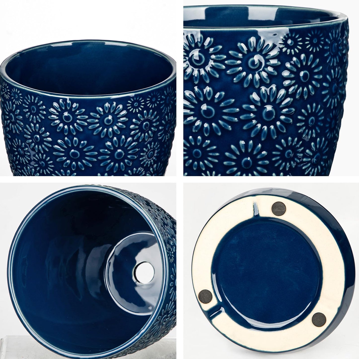 Hollyone 6 Inch Blue Ceramic Planter Flower Plant Pot with Drainage Hole and Saucer for Plants Embossed Indoor Outdoor Garden Embossed Ceramic Glazed Round Pot for Succulent Orchid Sunshine Pattern