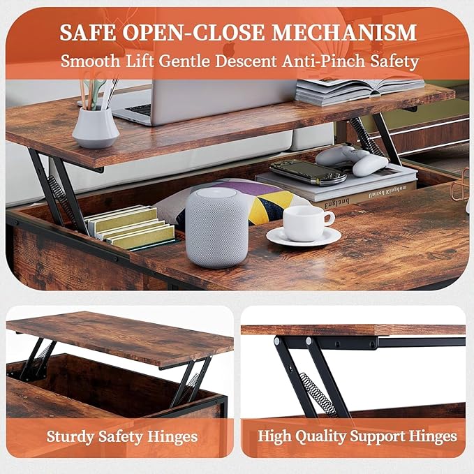 Coffee Table with Storage, Lift Top Coffee Table with Display Shelf and Hidden