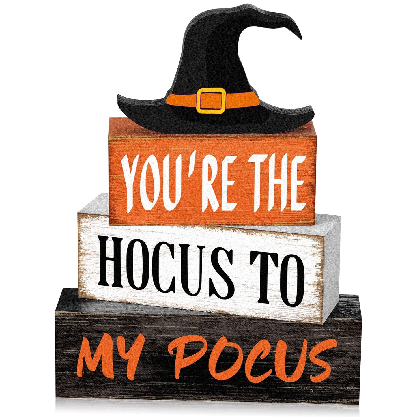 Yuntau 4 Pcs Halloween Hocus Pocus Table Decor Witch Hat Wooden Signs Distressed You're the Hocus to My Pocus Tabletop Centerpieces Witch Tiered Tray Decor Rustic Halloween Decorations for Home Desk