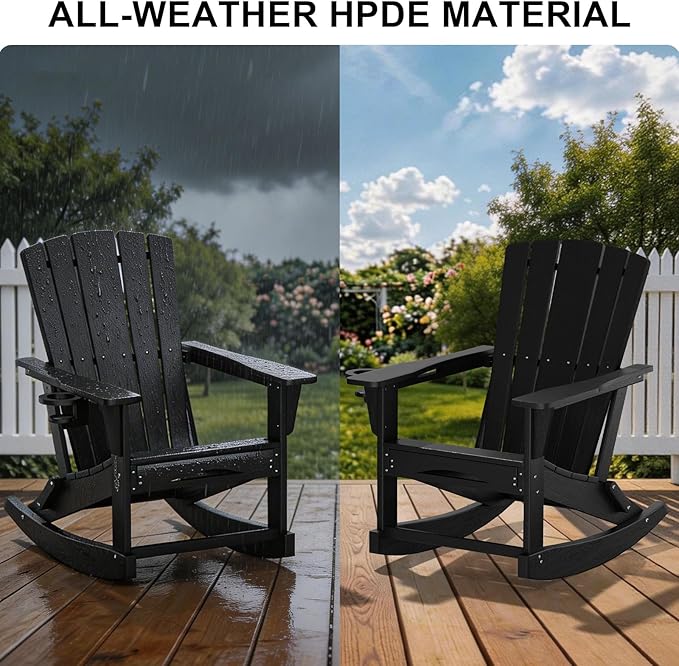 Adirondack Rocking Chair with Retractable Ottoman Set of 2, Outdoor Folding