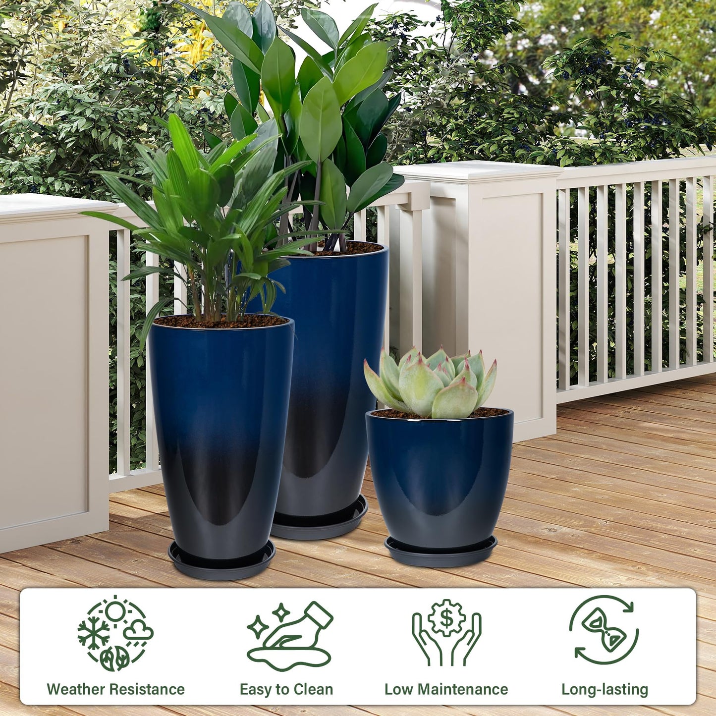 Neoaider 24/21/12 Inch Large Plastic Planter, Lightweight Ceramic-Look Tall Planters with Drain Hole & Saucers, Tall Plastic Planters for Porch, Garden, Patio, Balcony(Dark Blue)