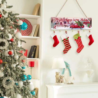 Maitys Christmas Stocking Holder with 7 Hangers - Wooden Organizer Sign 'The Stockings were Hung' - Xmas Mantel Snowmen Wall Mount Hanging Hook for Mantel (Truck)