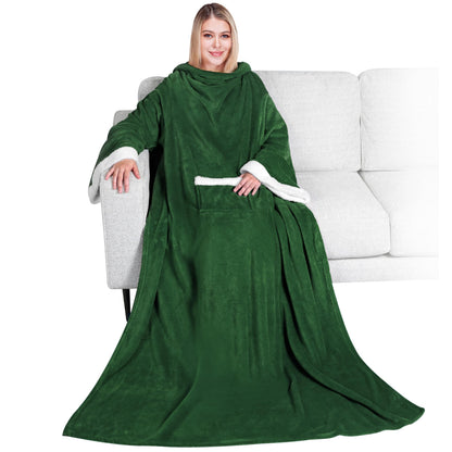 PAVILIA Wearable Blanket with Sleeves & Pocket for Women & Men, Soft Fleece Snuggle Throw with Sherpa Trim, Cozy TV Couch Robe, Gift Ideas for Mom & Wife, Dark Green