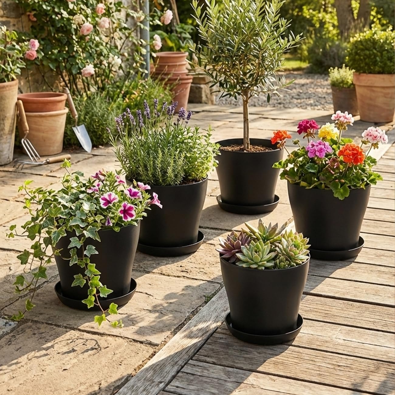 BTPLASTIK 6 Pack 8inch Plastic Round Plant Pot with Drainage Holes & Saucer, Durable 8" Black Nursery Pots Flower Pots for Indoor/Outdoor Plants, Minimalist Curved Design for Succulents, Herbs, Cacti