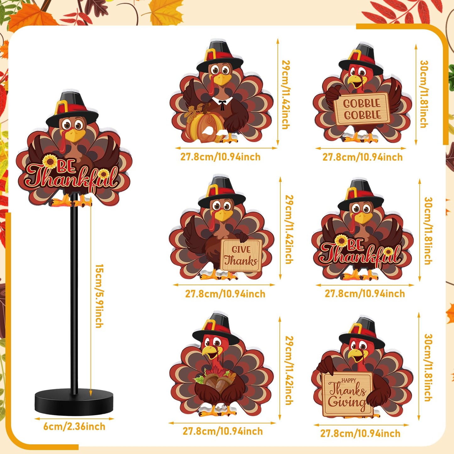 Wenqik 6 Pcs Thanksgiving Tabletop Decor Turkey Table Centerpiece Thanksgiving Table Party Decorations Standing Turkey Sign Wooden Block Fall Shelf Tiered Tray Decor Pumpkin Maple Leaf for Home