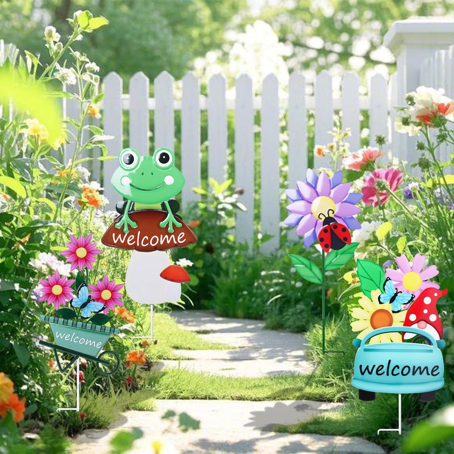 Welcome Decorative Garden Stakes, 4Pcs Flower Metal Yard Signs with Frog, Mushroom, Gnome, Butterfly and Ladybug, Garden Stakes for Spring Decor,Outdoor Lawn Yard Art Gift for Mom