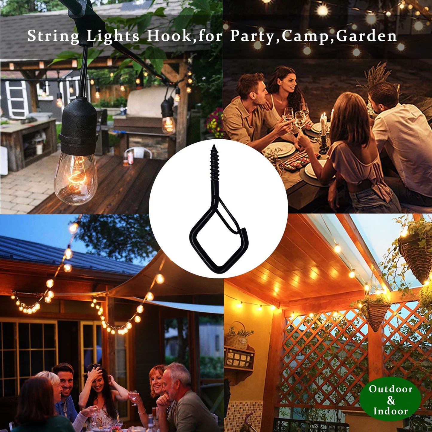 Ticway 30 Pcs Outdoor Hooks for String Lights,Screw Hooks for Hanging Plants,Ceiling Hooks with Safety Buckle,Square Hanger for Wind Chimes,Bird Feeder,Lanterns,Christmas Decorations (Black)