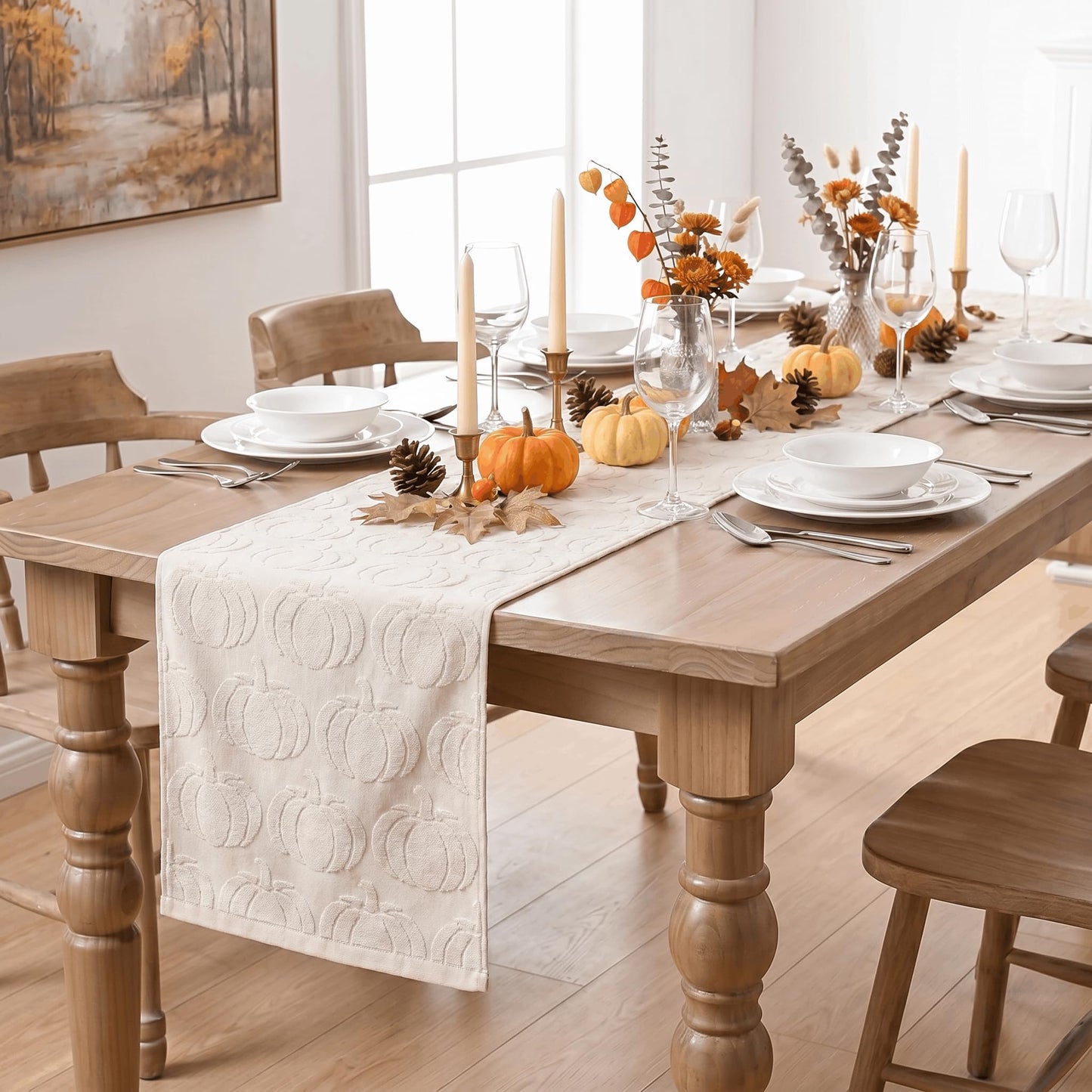Artoid Mode Beige Soft 3D Jacquard Pumpkin 100% Cotton Fall Table Runner, Autumn Thanksgiving Holiday Kitchen Dining Table Decoration for Home Party Decor 13x72 Inch