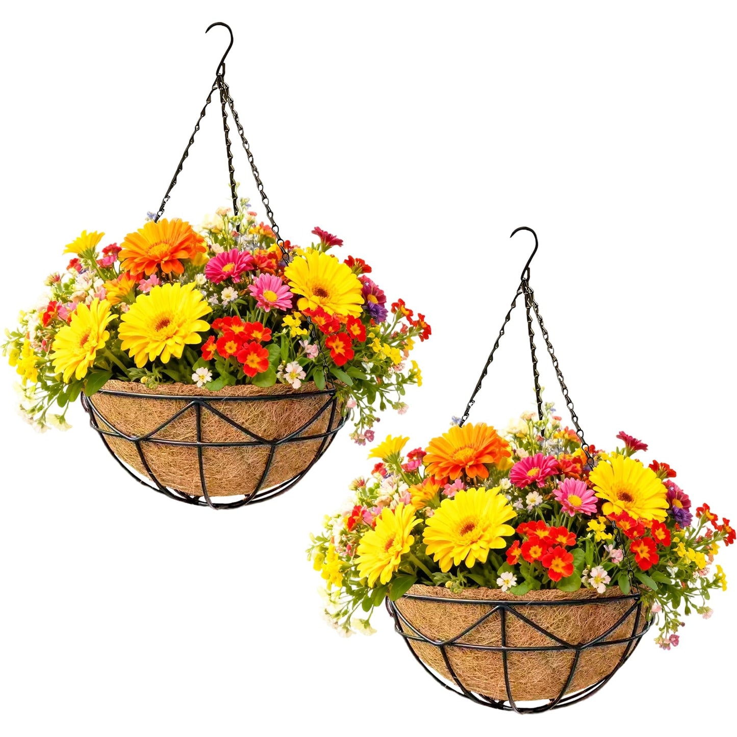Qusuxi 2 Pack 12 Inch Metal Outdoor Hanging Baskets Black Heavy Duty Hanging Planters with Coco Liners for Indoor Outdoor Plants Gardens Patios Terraces（Geometric）