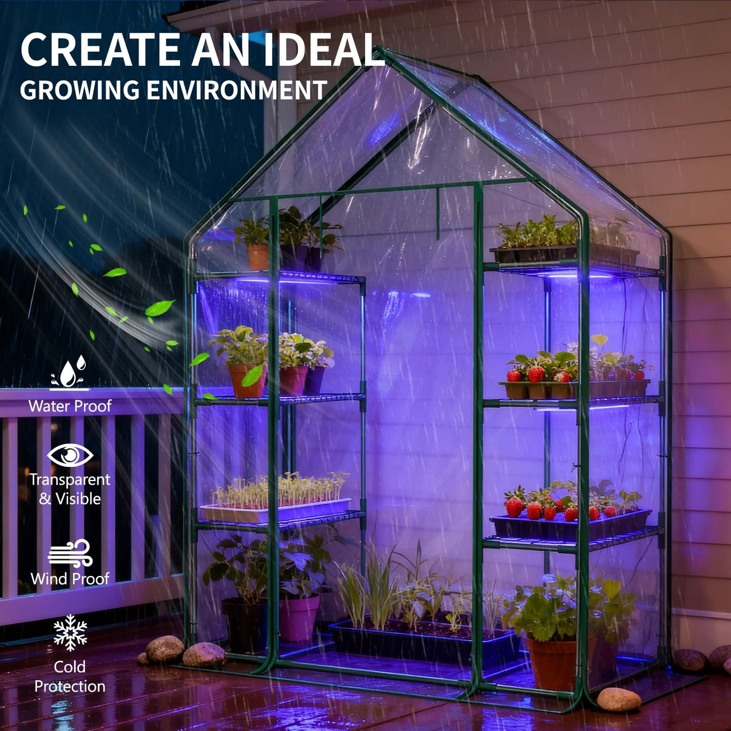 Indoor Greenhouse with Grow Light, 4-Tier 56.3"x28.7"x76.8" Mini Greenhouse with Roll-Up Zippered PVC Cover for Seed Starting Trays, Dimmable Grow Light Shelf for Indoor Plants with Timer