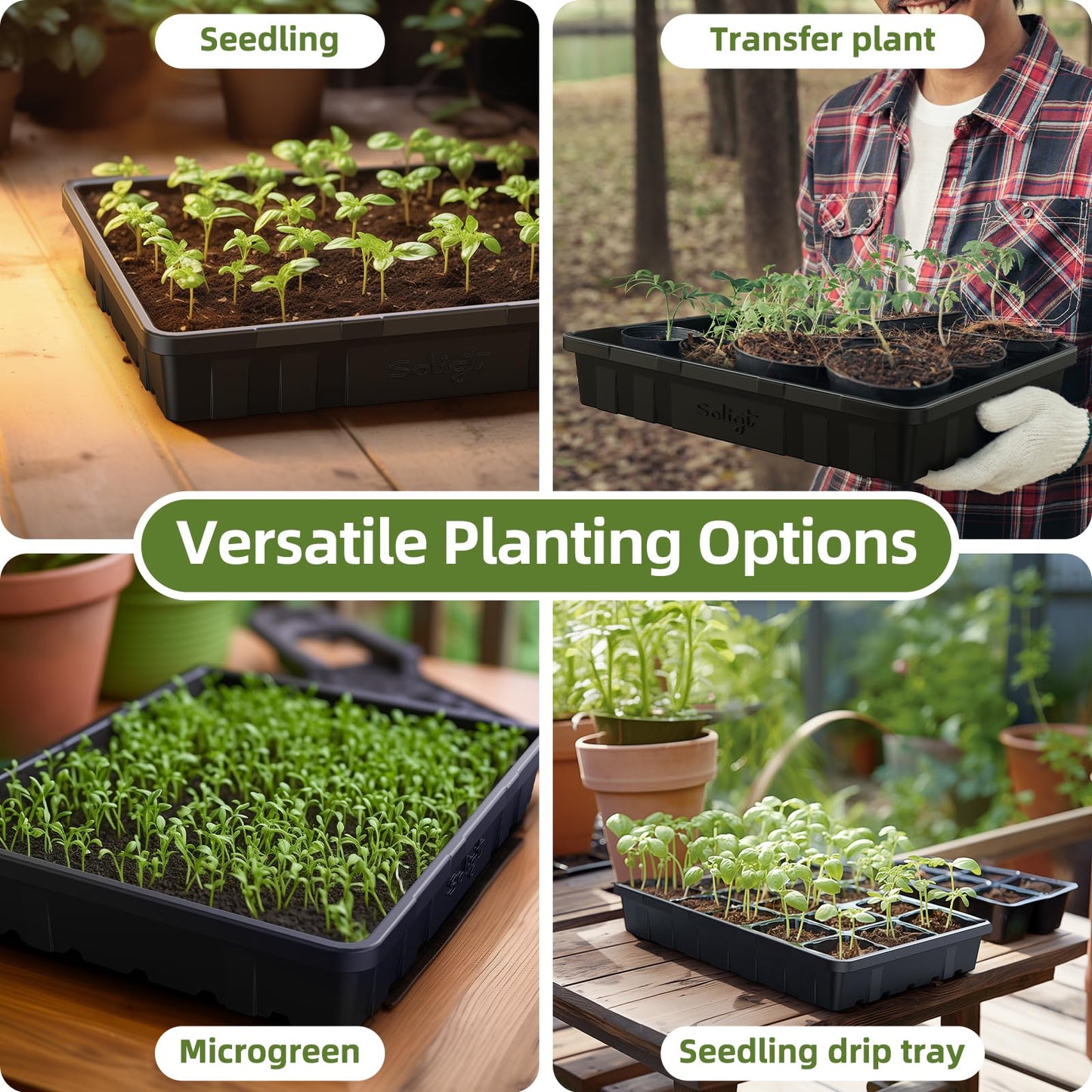 SOLIGT Extra Thick Heavy Duty 10 Pack Seed Starting Trays - Microgreens Growing Trays Seedling Plant Germination Starter Tray Transplant Fodder Flats, No Holes, No Leakage, Reusable, 14 * 10.8 * 2.3"