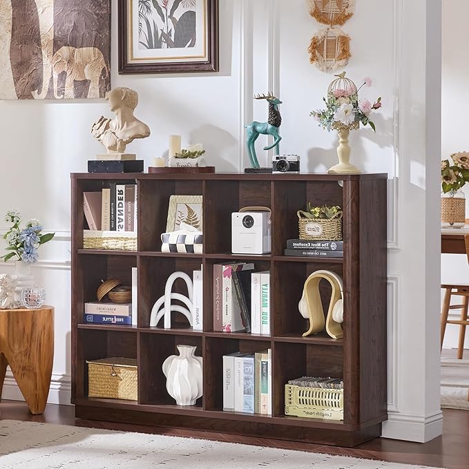 Joaxswe 12 Cube Storage Organizer, Wood Floor Standing 3-Tier Cubby Bookcase